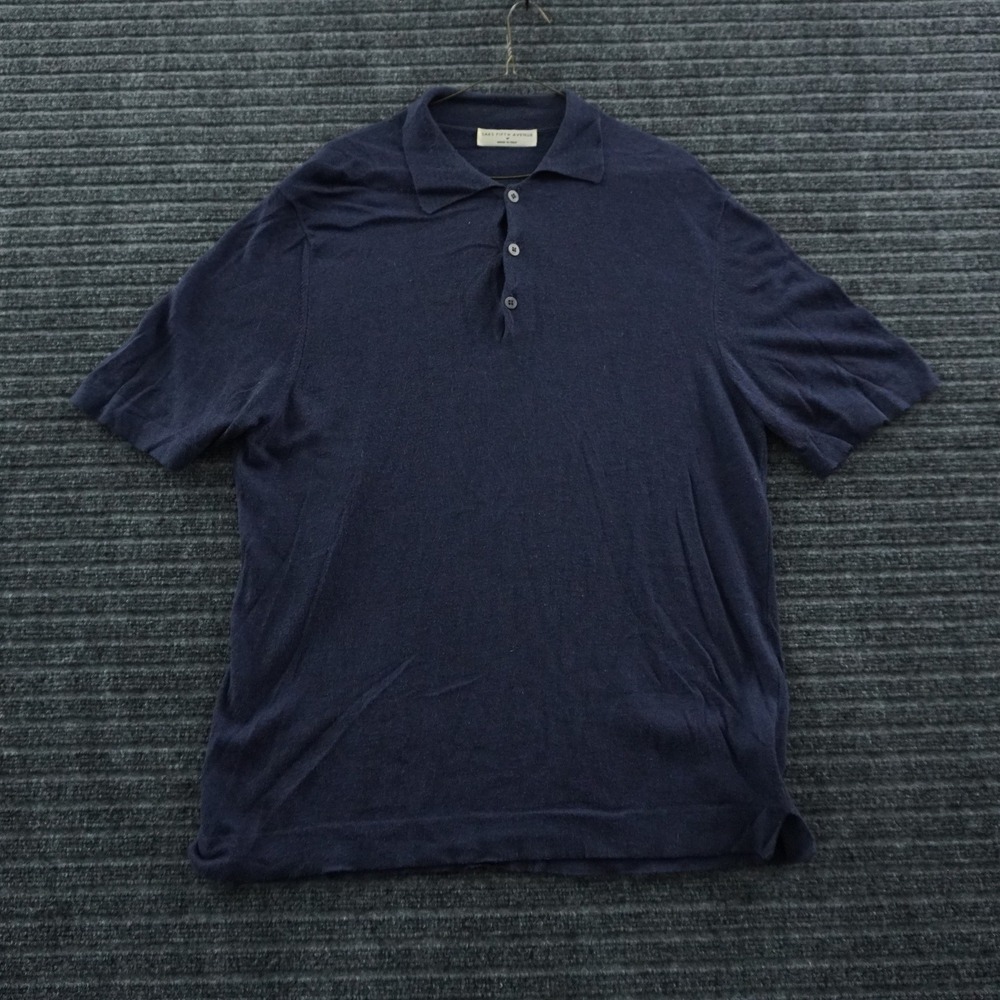 VTG Saks Fifth Avenue Merino Wool Knit Polo Shirt Mens M Navy Blue Made in Italy